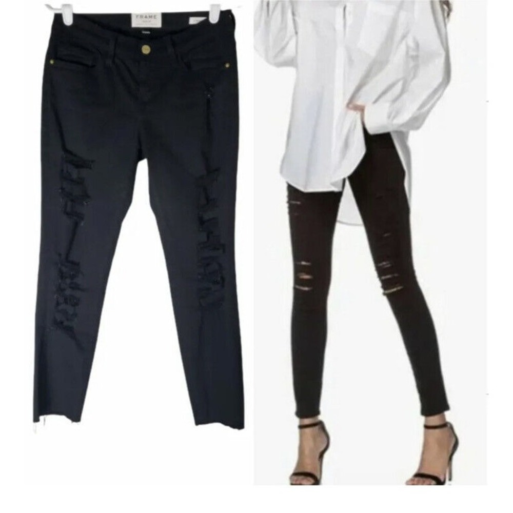 Frame Le Skinny De‎ Jeanne Distress Crop Jeans Women 29 Fray Hem Rip Black Denim
